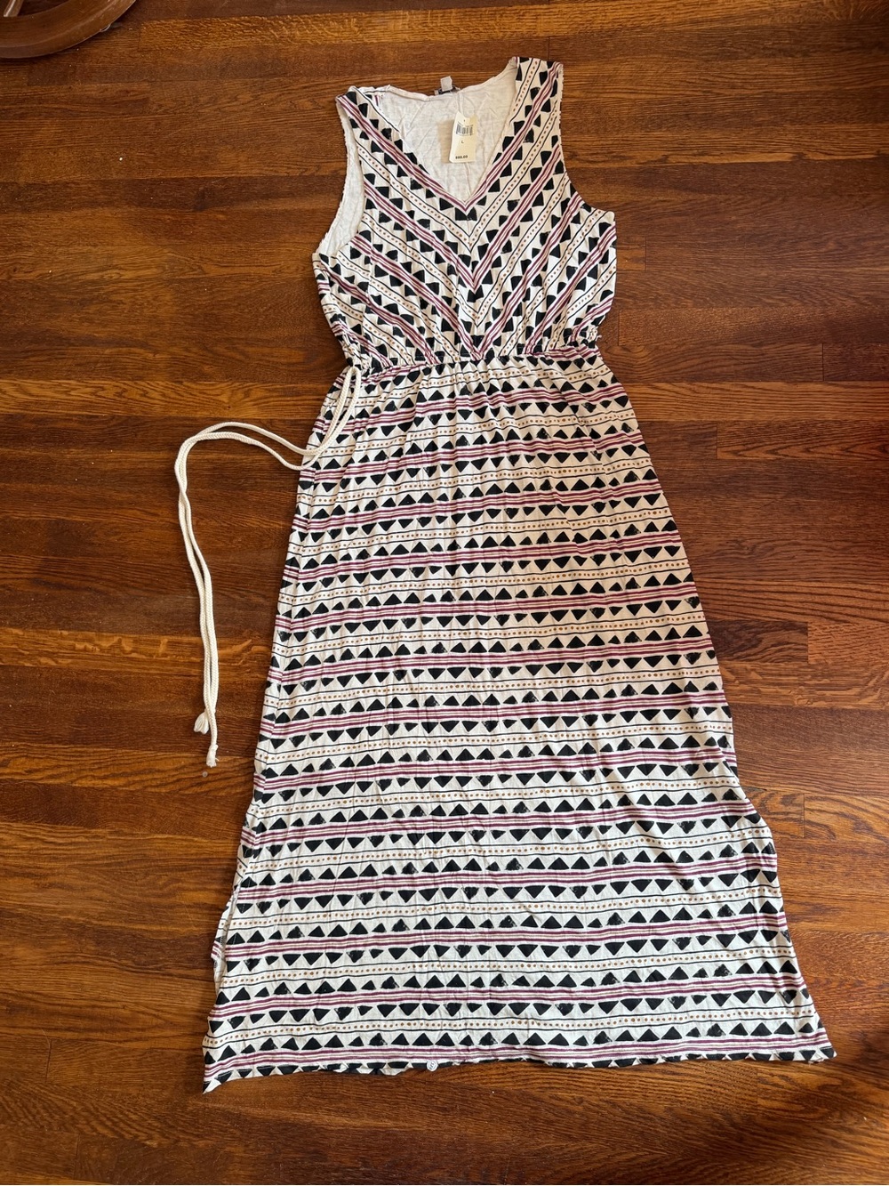 Lucky Brand White Maxi Dress with Black and Mauve Geometric Stripes